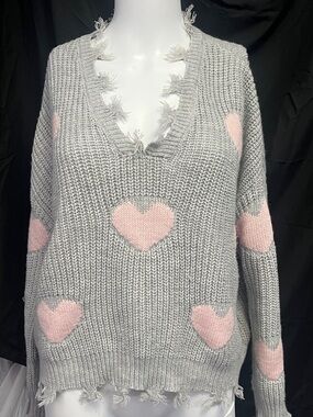 No Boundaries Gray Knit V-Neck Sweater with Pink Hearts